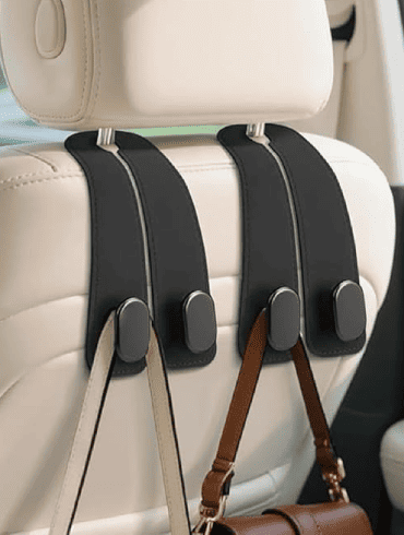 Car Seat Headrest Hook Leather | Universal Car Purse & Bag Holder | Multipurpose Backseat Hook with Phone Holder | Strong Organizer for Grocery, Handbag & Essentials (2 PCS)